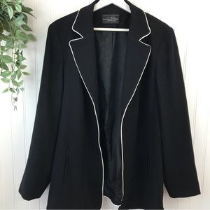 LOUBEN Black Blazer by Laura Plus, Size 14W, White Pipping Detail, Open Front